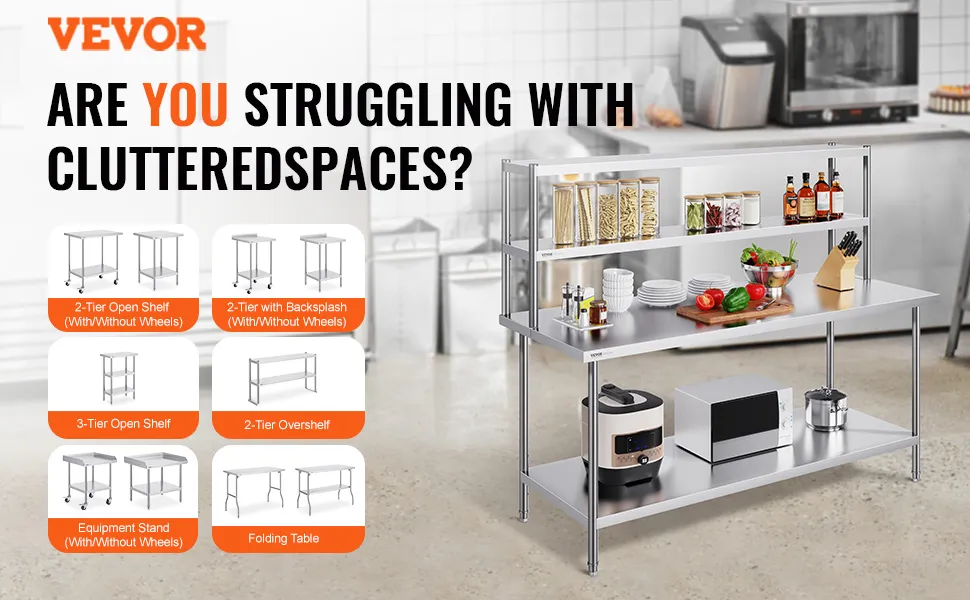 VEVOR double overshelf for kitchen storage with utensils, spices, and appliances in a commercial kitchen.