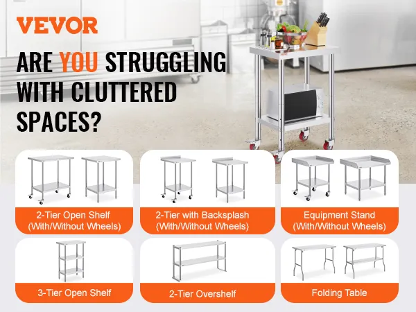 VEVOR stainless steel work table with wheels in a modern kitchen.