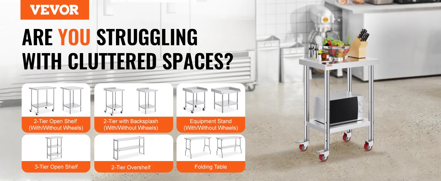VEVOR stainless steel work table with wheels in a modern kitchen.