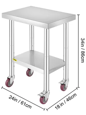 VEVOR stainless steel work table with shelf, 34in h x 24in w x 18in d, on casters.