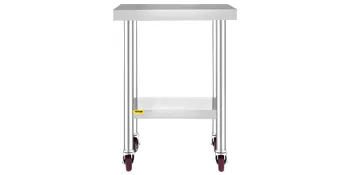 VEVOR stainless steel work table with wheels and lower storage shelf.