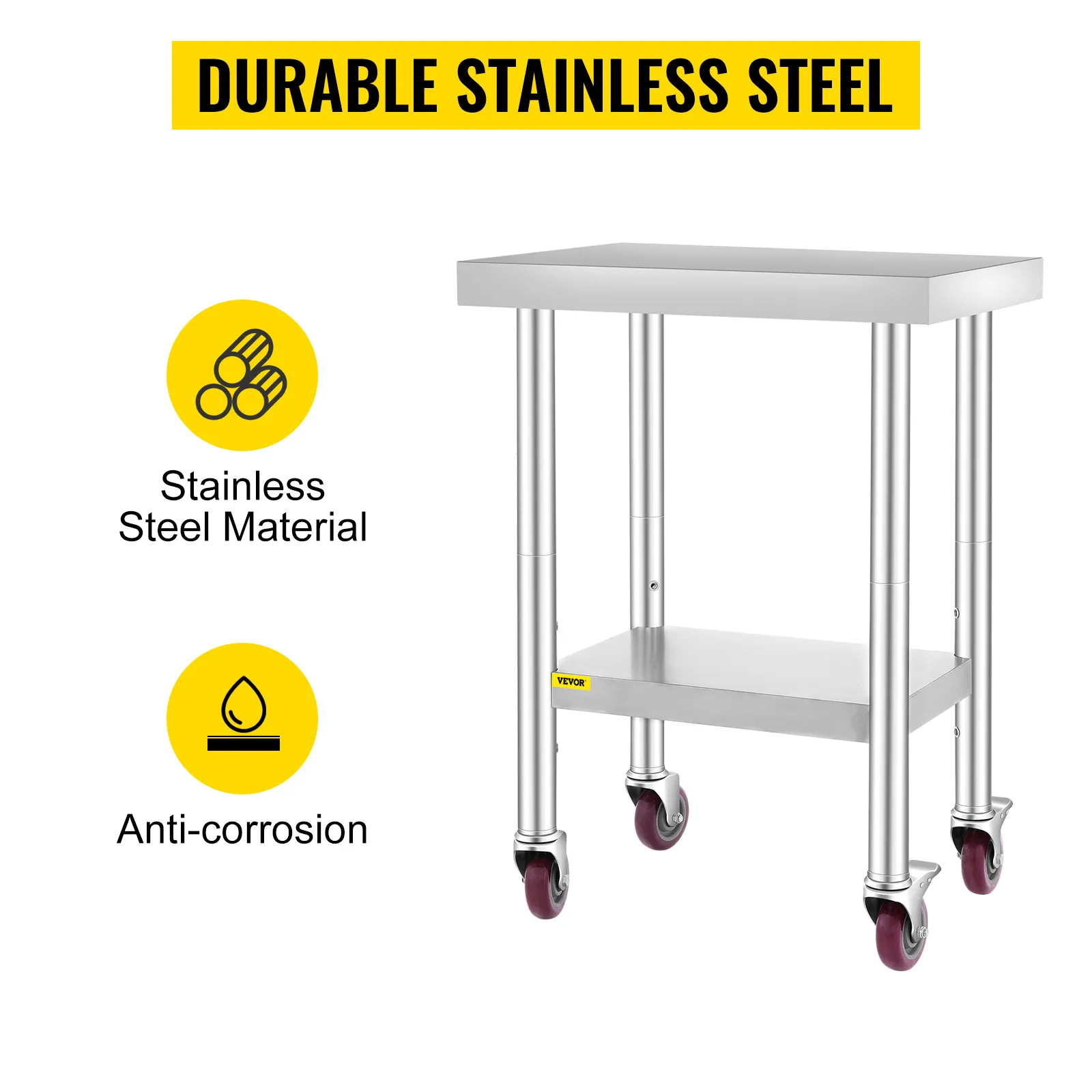 VEVOR stainless steel work table with anti-corrosion and durable material.