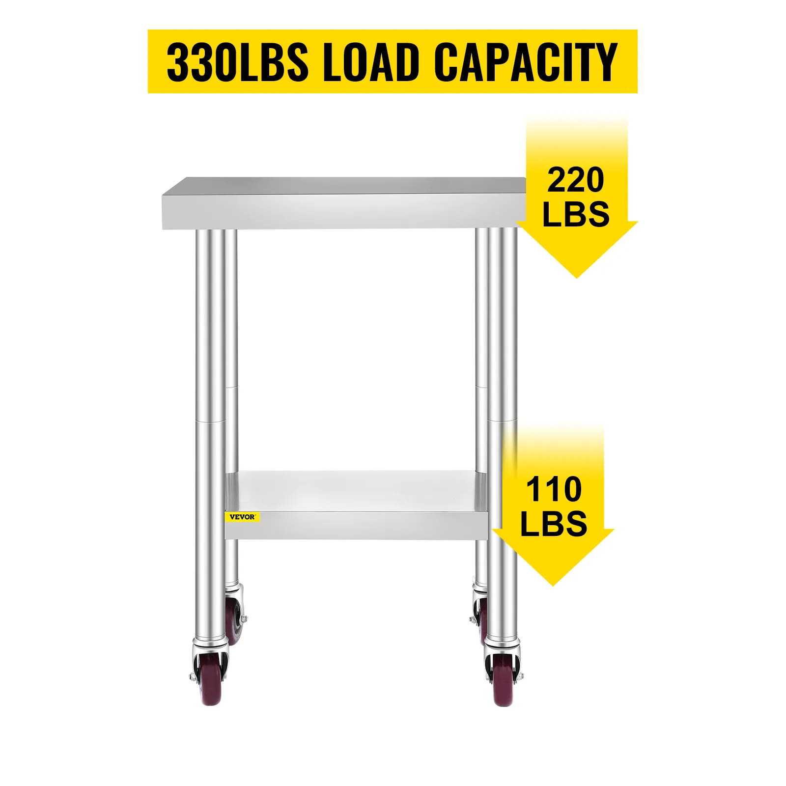 VEVOR stainless steel work table with 330lbs load capacity, caster wheels, and undershelf.