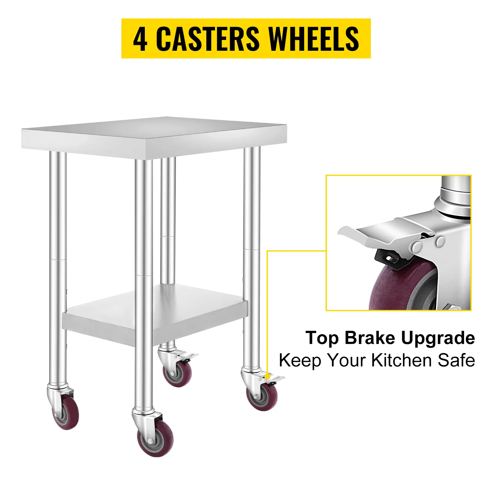 VEVOR stainless steel work table with 4 caster wheels and top brake upgrade.