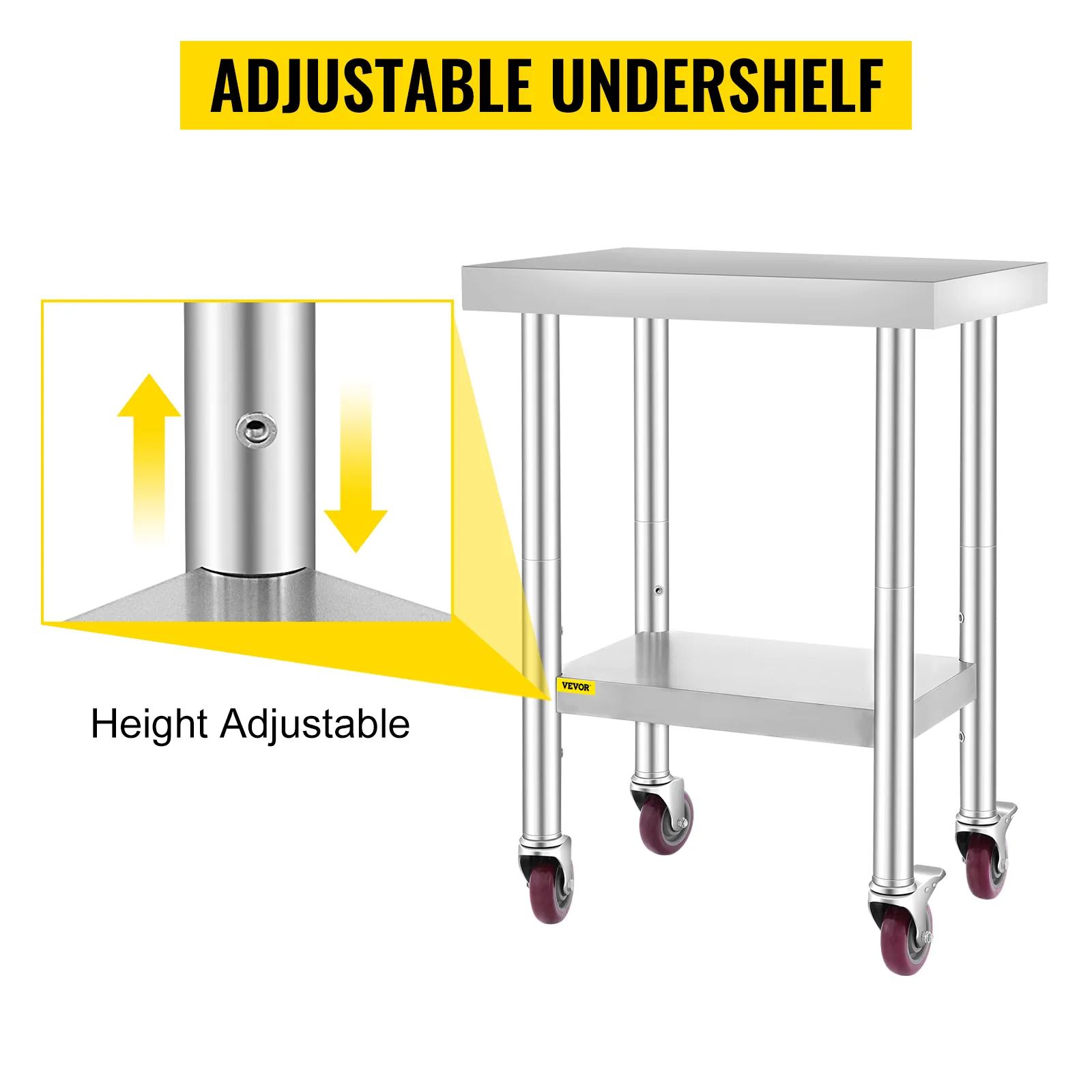 VEVOR stainless steel work table with adjustable undershelf and caster wheels.