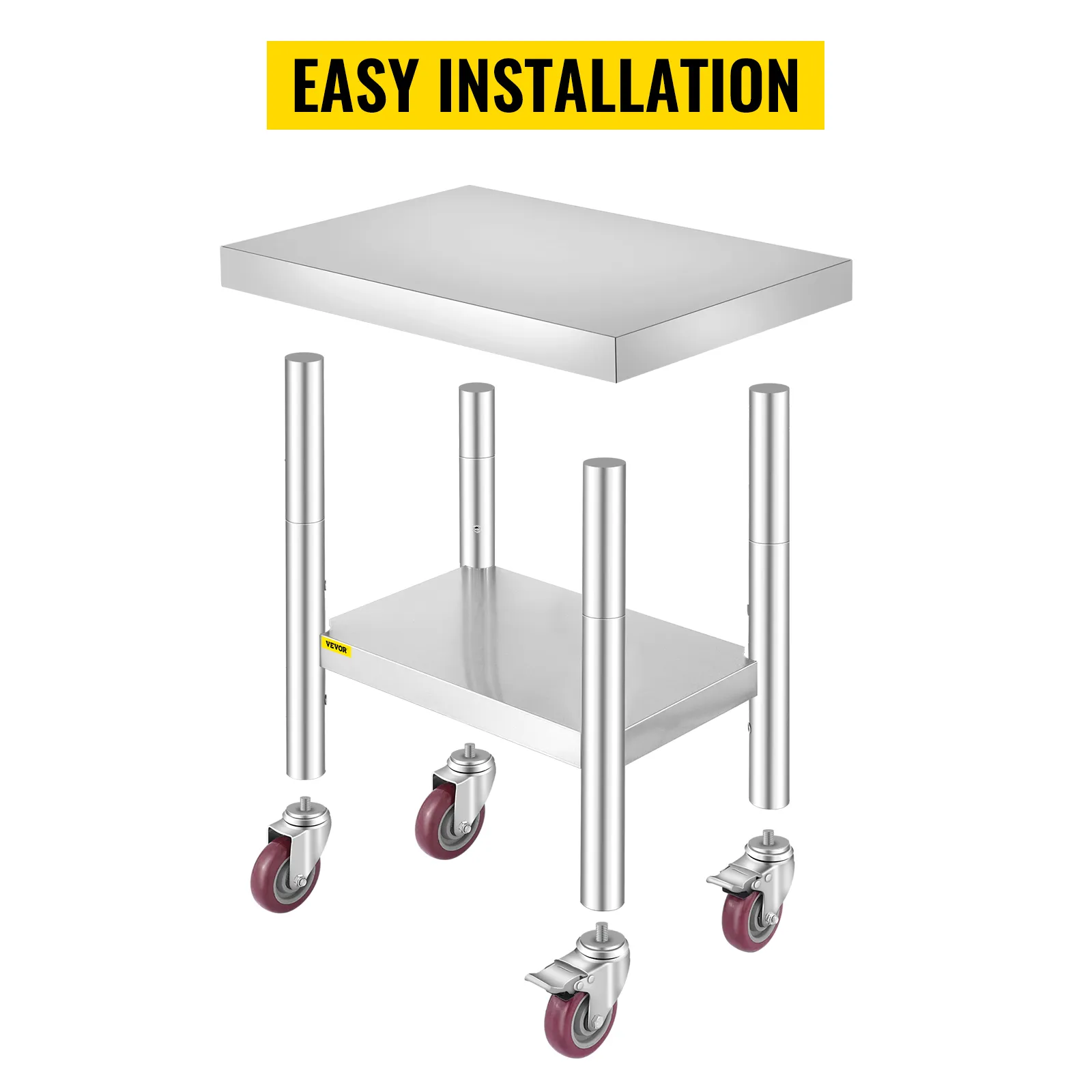 VEVOR stainless steel work table with wheels for easy installation.