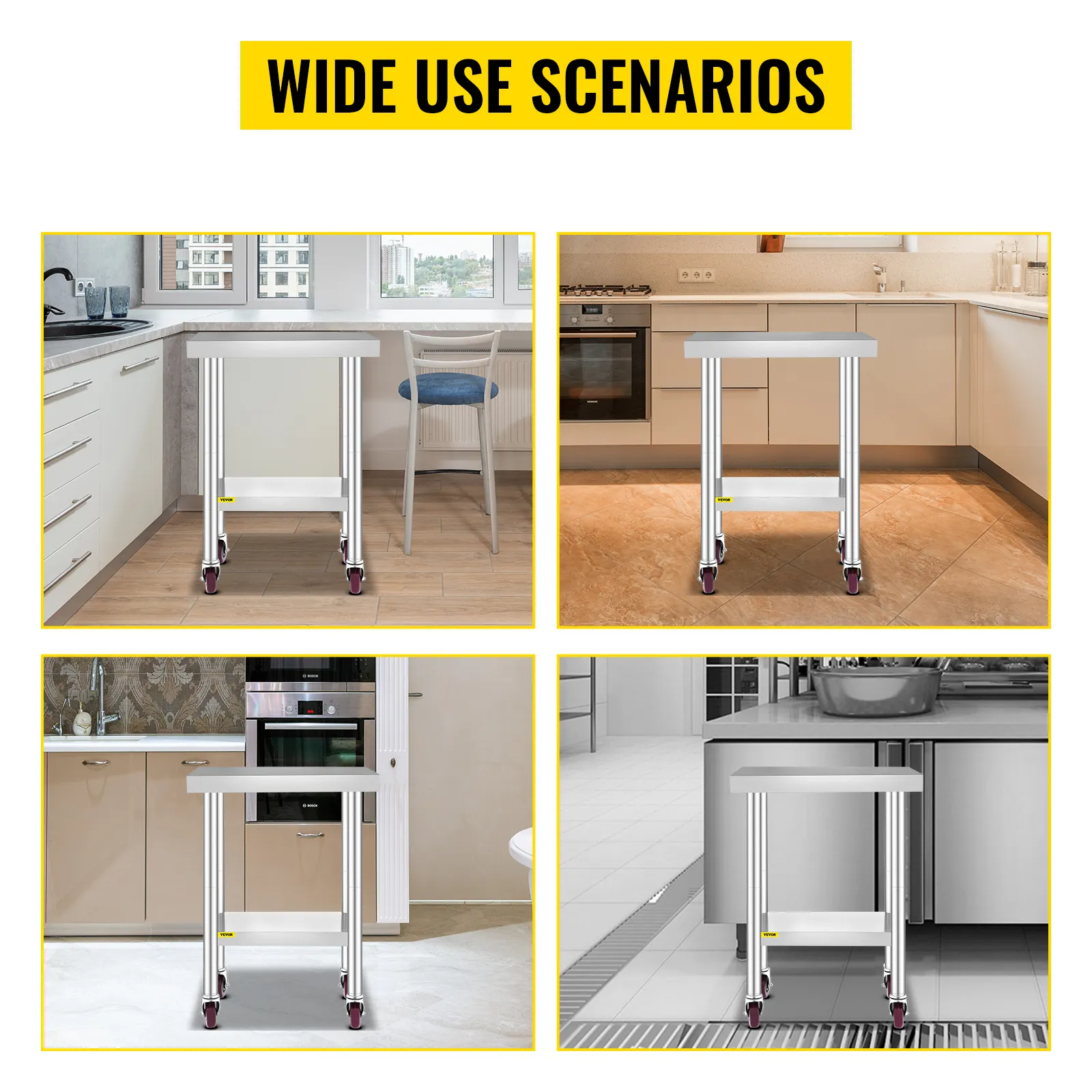 VEVOR stainless steel work table in four different kitchen and industrial settings.