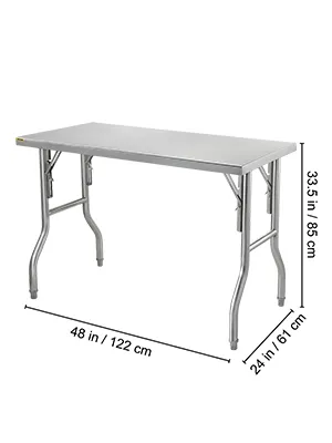 VEVOR stainless steel kitchen island, 48x24 inches, with measurements and foldable legs.