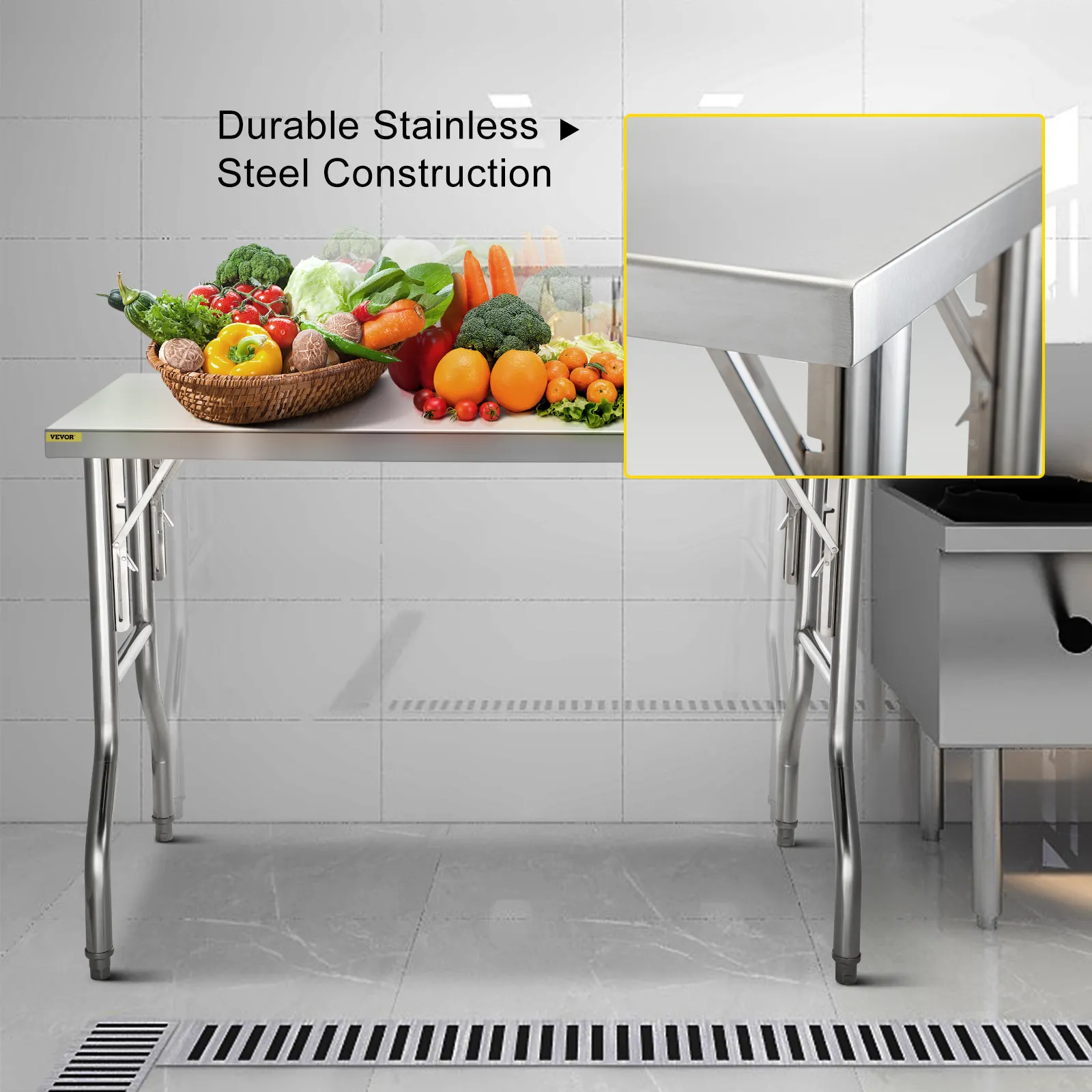 VEVOR stainless steel kitchen island with fruits and vegetables on the countertop.