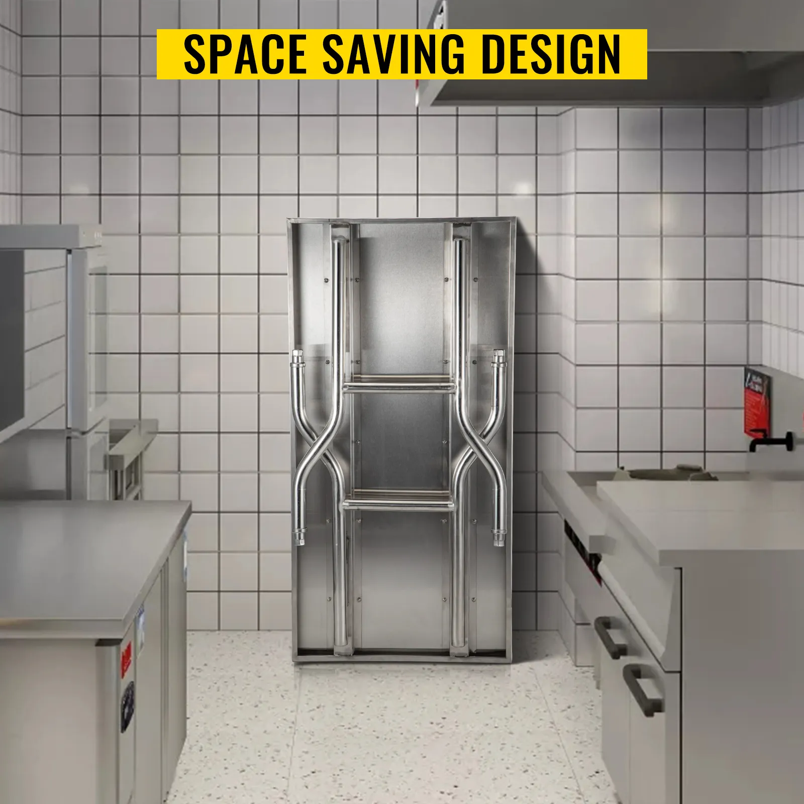 VEVOR stainless steel kitchen island folded, showcasing space-saving design in modern kitchen.
