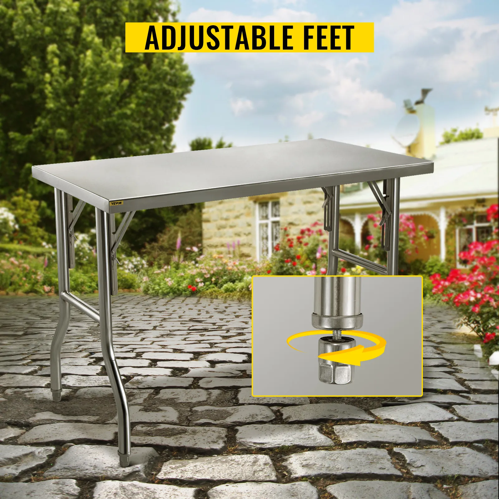 VEVOR stainless steel kitchen island with adjustable feet in garden setting.