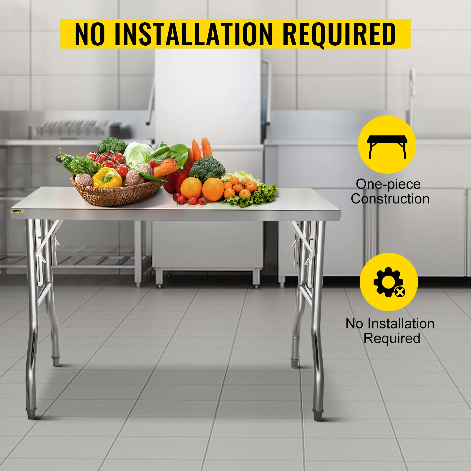 VEVOR stainless steel kitchen island in modern kitchen with fresh vegetables, no installation required.