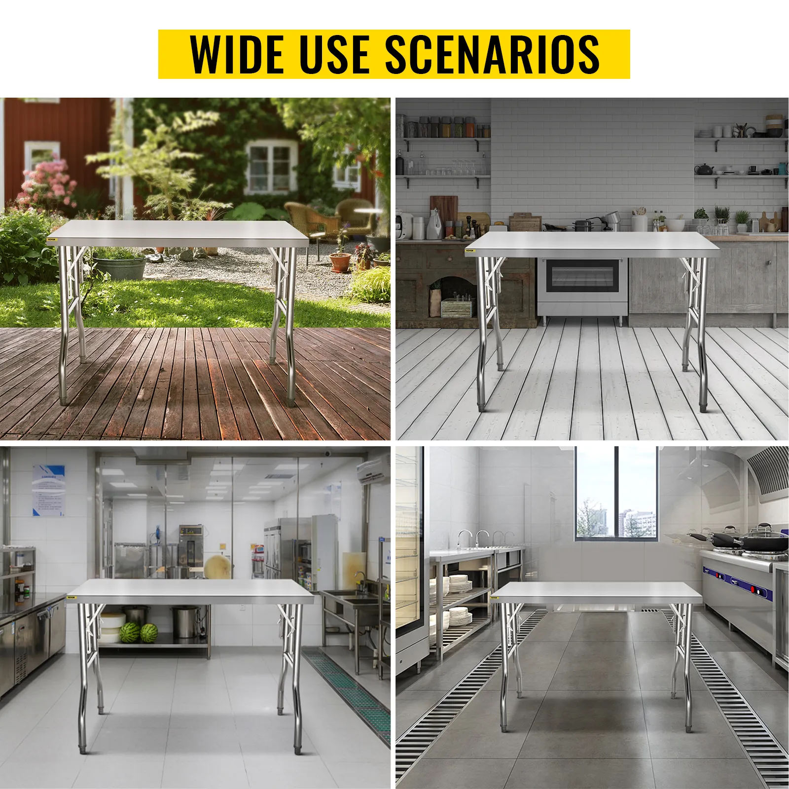 VEVOR stainless steel kitchen island in various settings: garden, home kitchen, commercial kitchen.