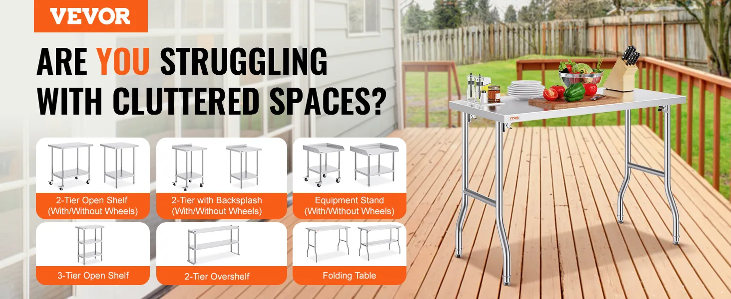 VEVOR stainless steel kitchen island and storage options on a wooden deck.