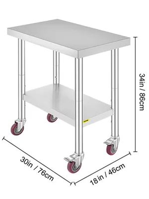 Tavolo da lavoro VEVOR in acciaio inox con ripiano inferiore e 4 ruote piroettanti, 30x18x34 pollici.