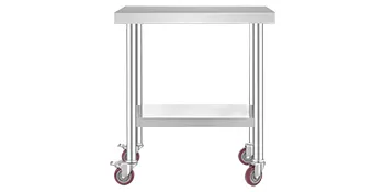 Tavolo da lavoro VEVOR in acciaio inox con ruote e ripiano inferiore per cucina o officina.
