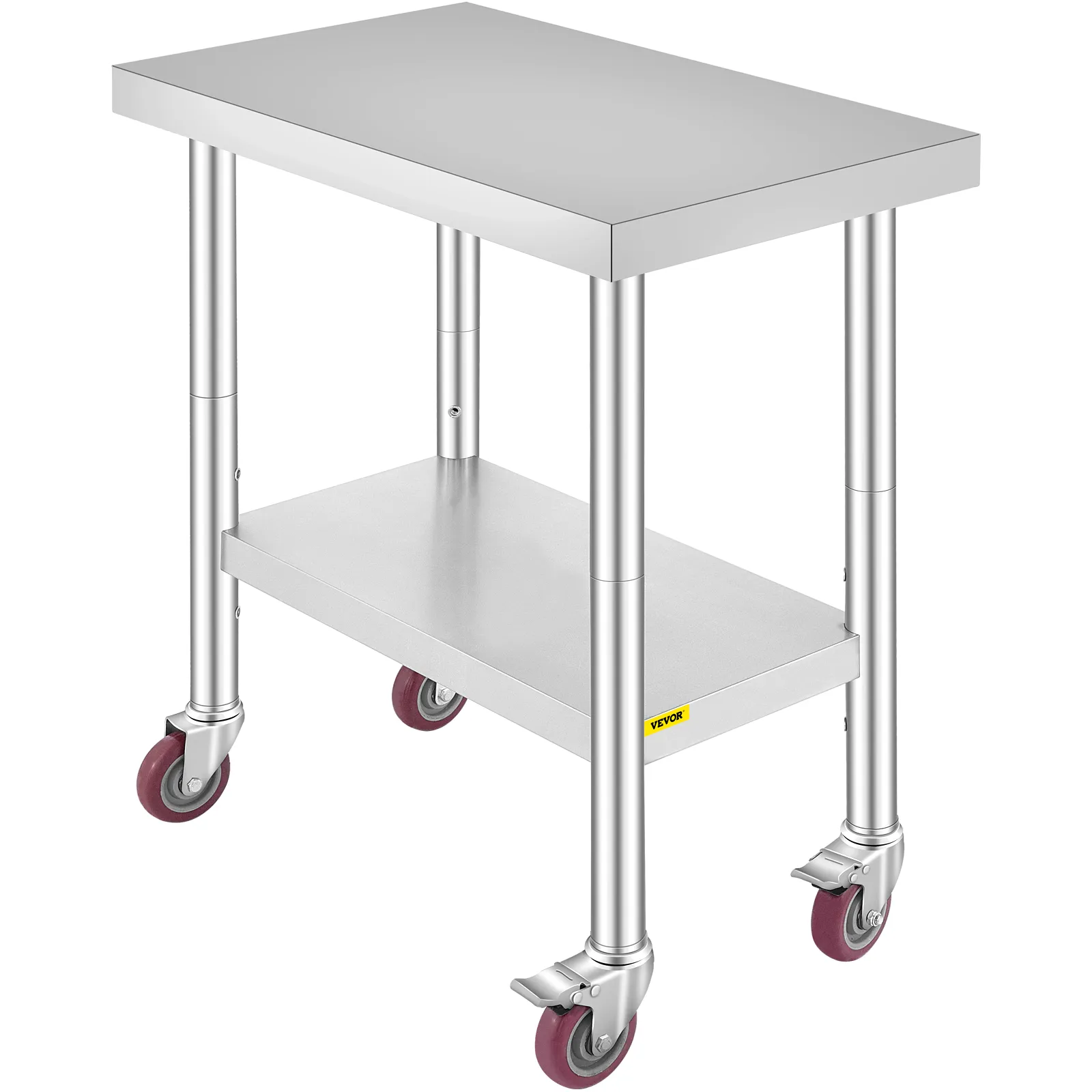 Tavolo da lavoro VEVOR in acciaio inox con ripiano inferiore e ruote piroettanti bloccabili.
