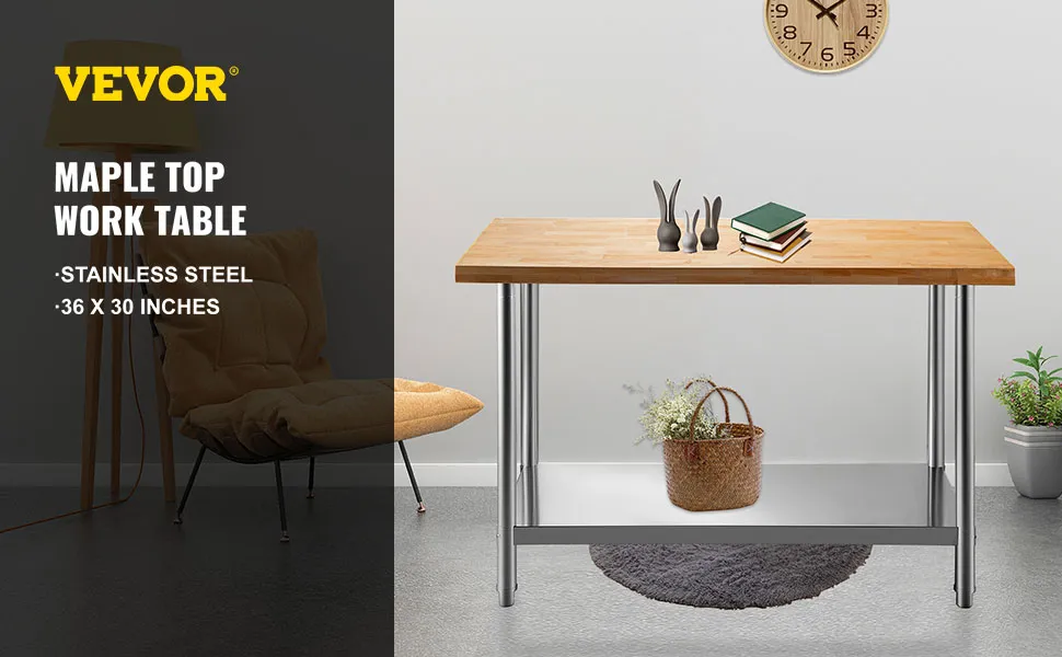 VEVOR maple top work table, stainless steel frame with decor, 36 x 30 inches.
