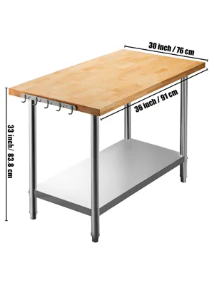 VEVOR maple top work table with dimensions 30x36x33 inches, stainless steel frame.