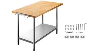 VEVOR maple top work table with hooks, stainless steel legs, and shelf, assembly kit included.