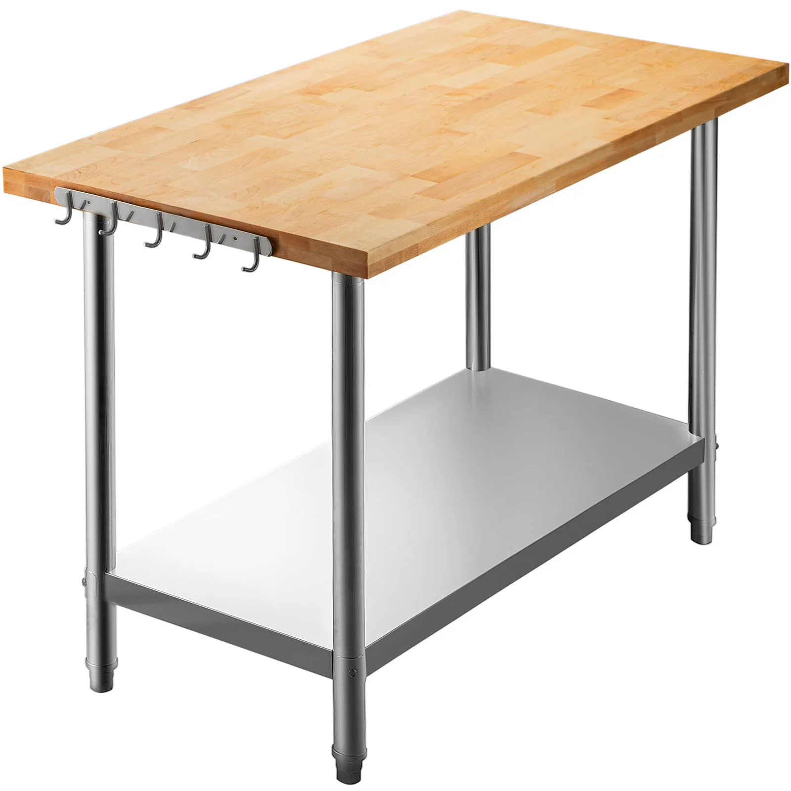 VEVOR maple top work table with stainless steel shelf and side hooks.