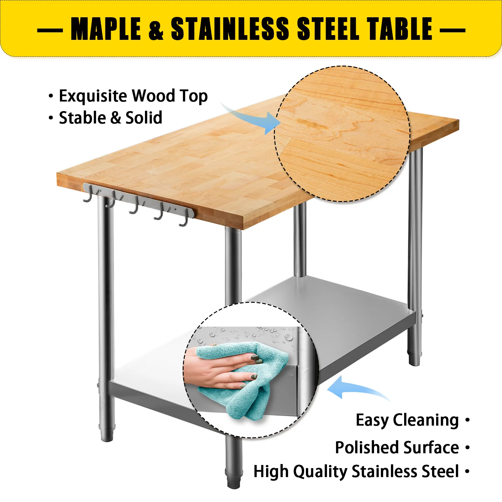 VEVOR maple top work table with stainless steel base, easy to clean and durable.
