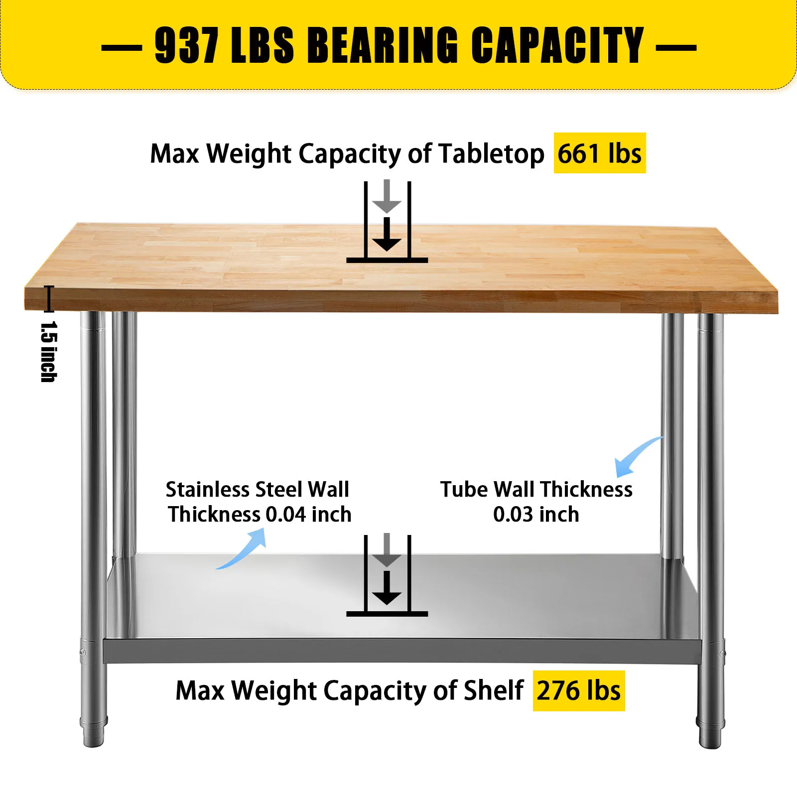 VEVOR maple top work table with stainless steel frame, 937 lbs bearing capacity.