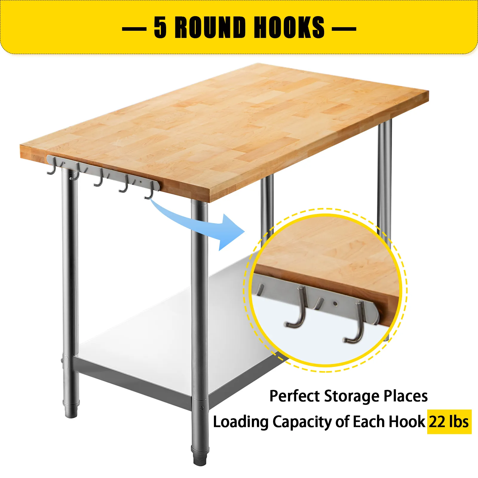 VEVOR maple top work table with 5 round hooks and a lower storage shelf.
