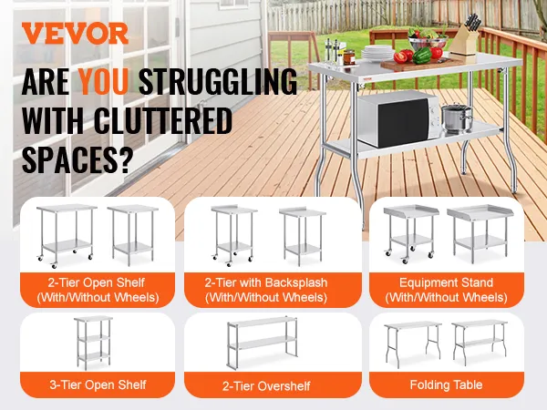 VEVOR commercial worktable on a deck with veggies, a knife block, and kitchen tools.