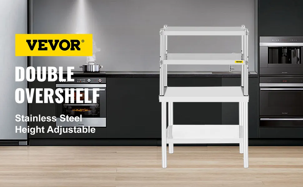 VEVOR double overshelf in a modern kitchen, height adjustable stainless steel shelf.