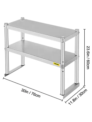VEVOR double overshelf, stainless steel with two tiers, dimensions labeled.