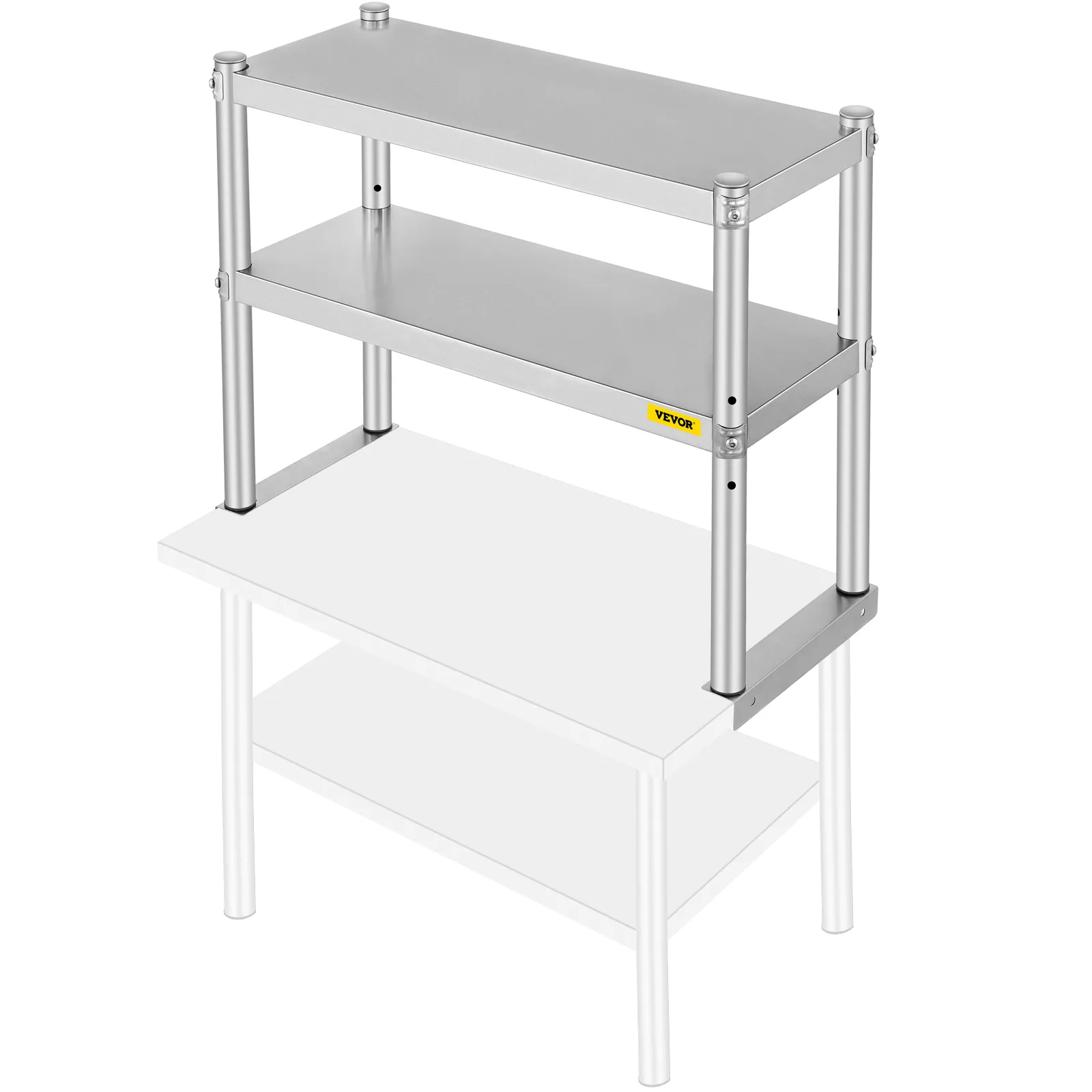 stainless steel VEVOR double overshelf on a white table, two-tier design.