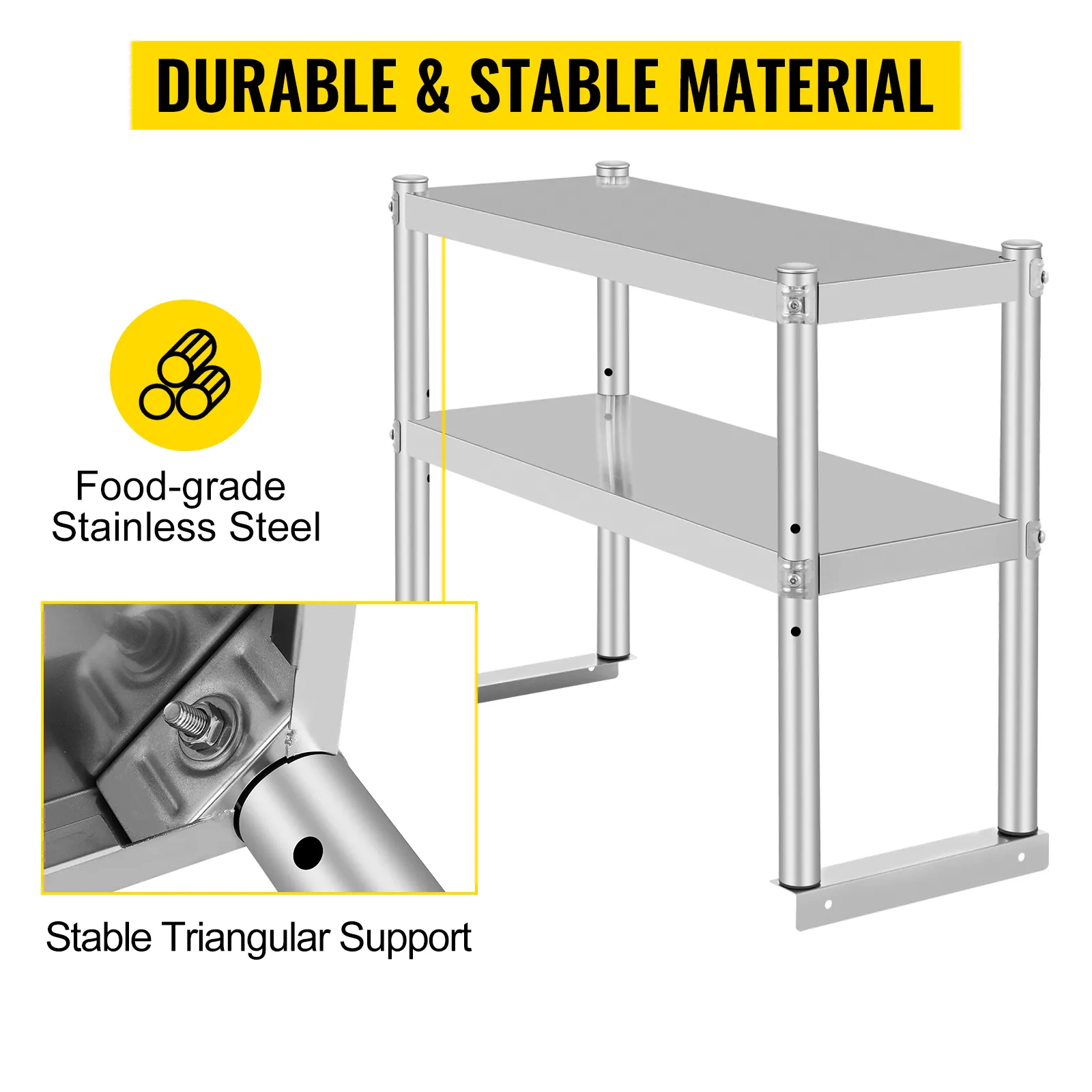VEVOR double overshelf, food-grade stainless steel, stable triangular support.