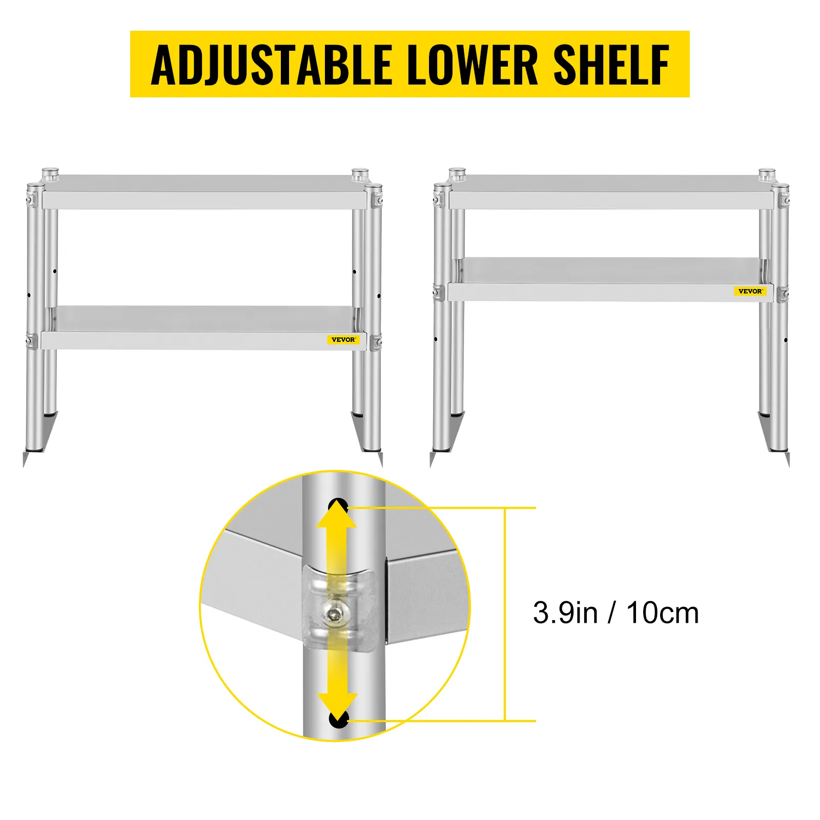 VEVOR double overshelf with adjustable lower shelf, height range 3.9in/10cm.