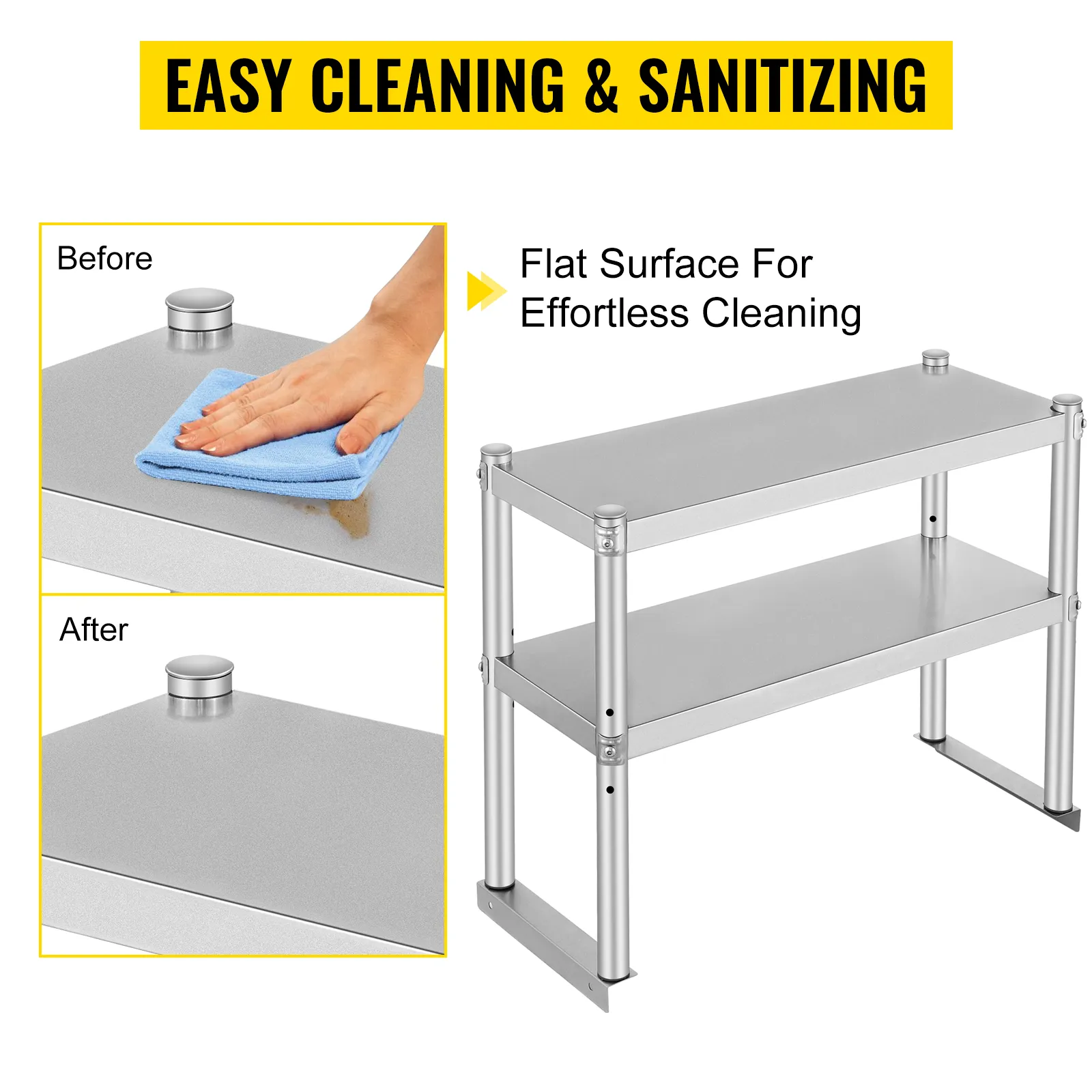 VEVOR double overshelf showcasing easy cleaning with smooth stainless steel surface.