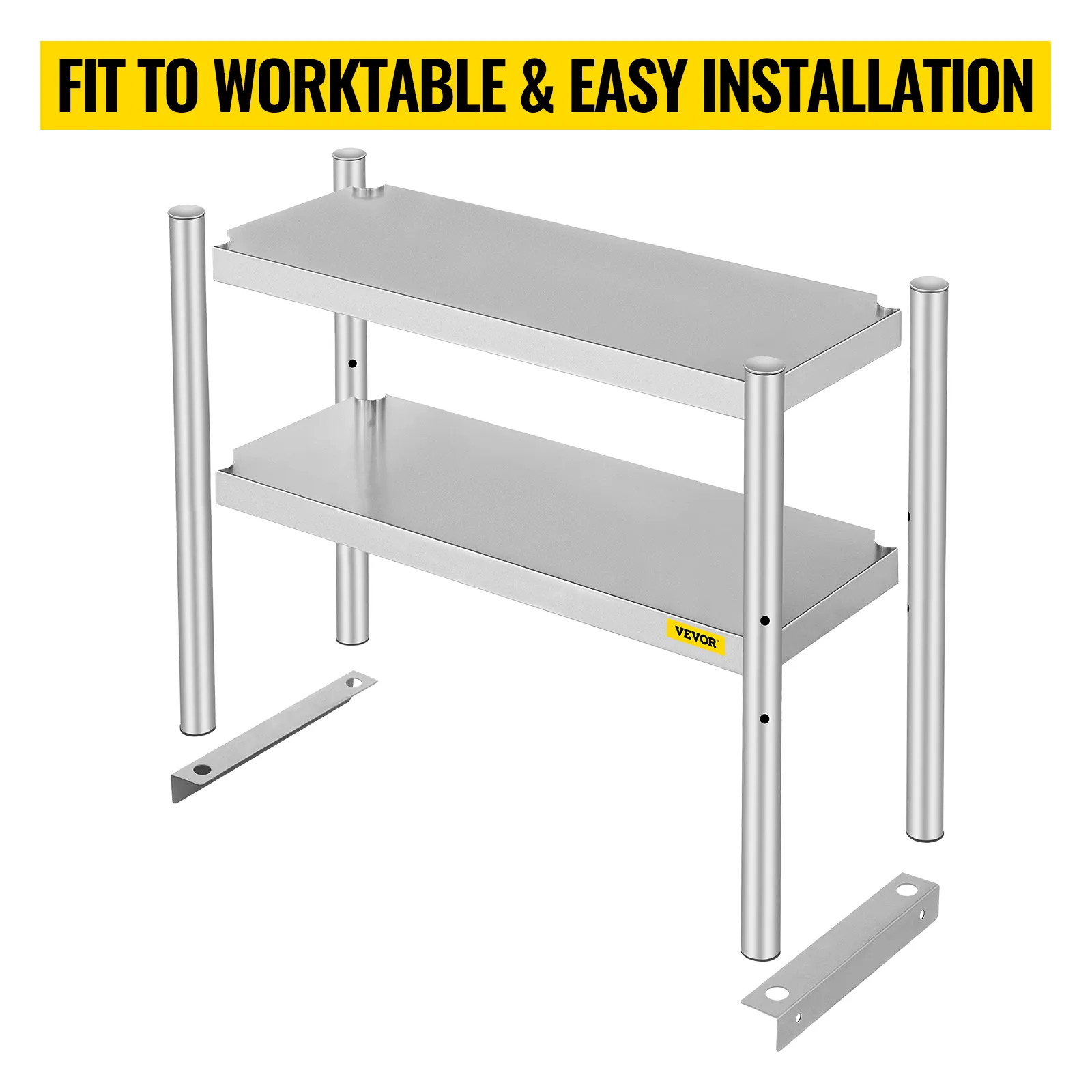 VEVOR double overshelf with two tiers; "fit to worktable & easy installation" testo in alto.