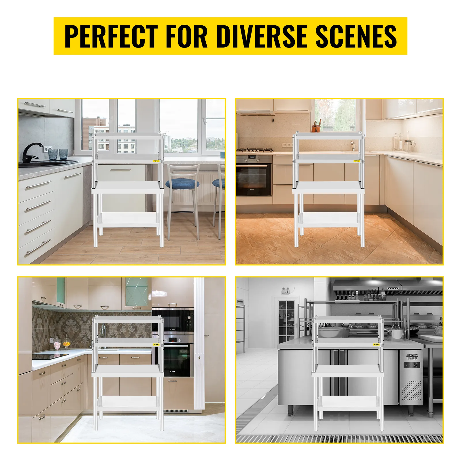 VEVOR double overshelf in various kitchen and commercial settings, labeled "perfect for diverse scenes".