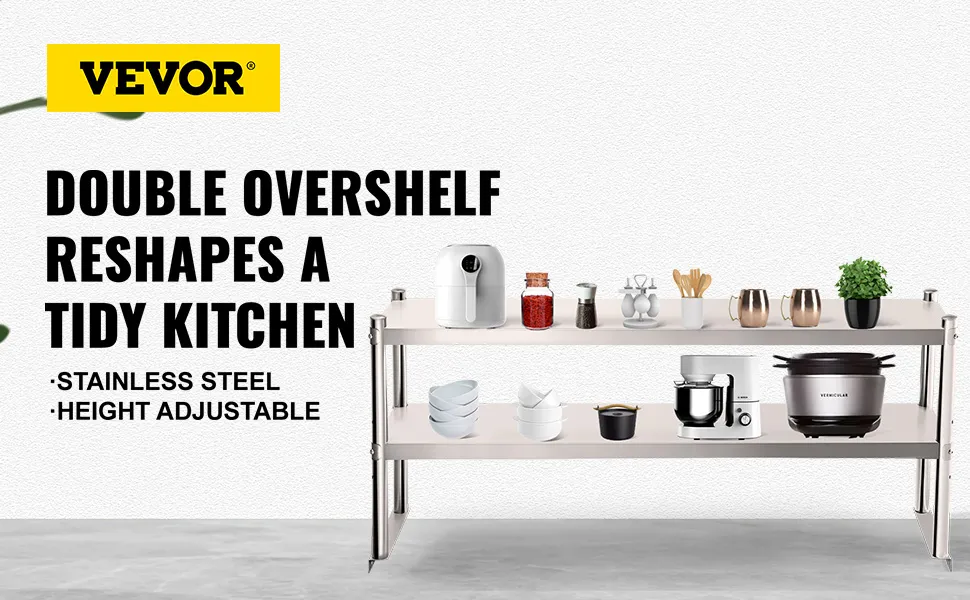VEVOR double overshelf: tidy kitchen with stainless steel, height adjustable shelves.