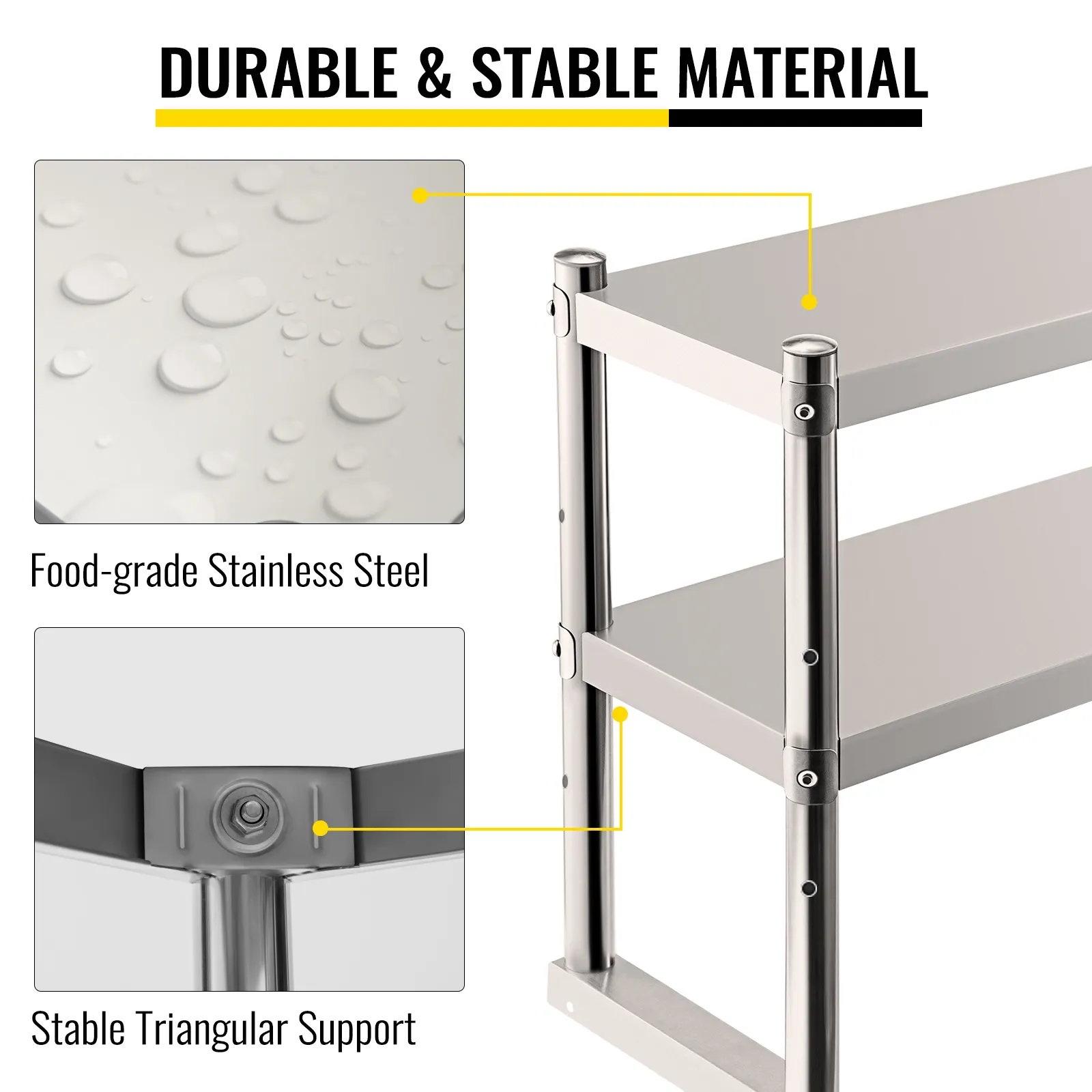 VEVOR double overshelf with food-grade stainless steel and stable triangular support.