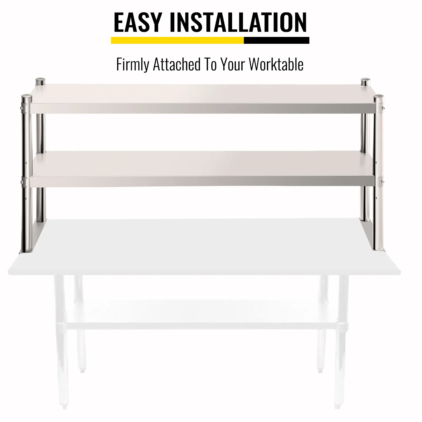 VEVOR double overshelf firmly attached to a worktable for easy installation.