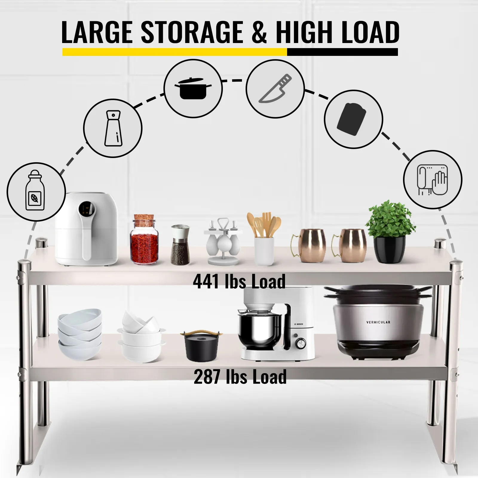 VEVOR double overshelf with kitchen items and high load capacity.