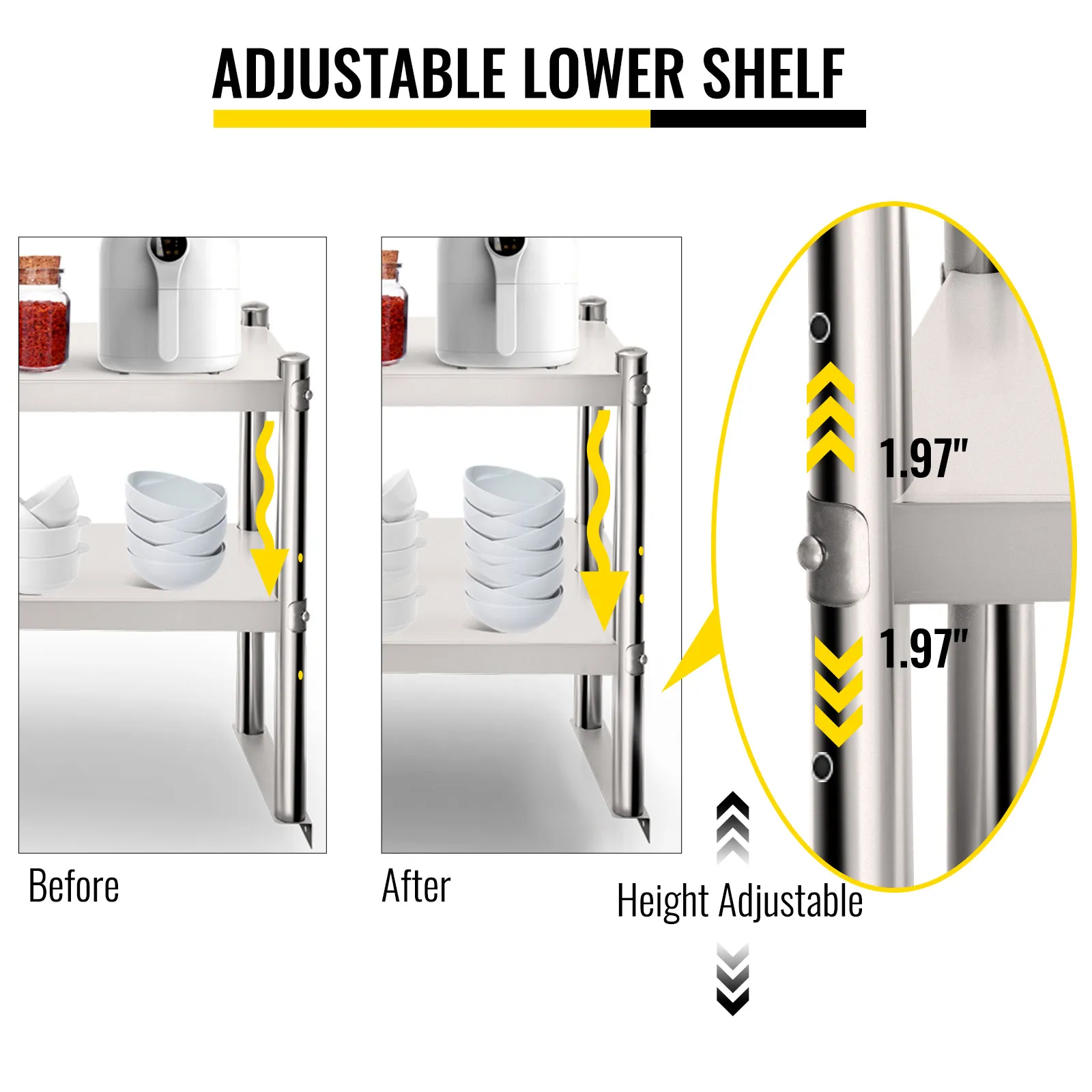 VEVOR double overshelf with adjustable lower shelf for customizable storage.