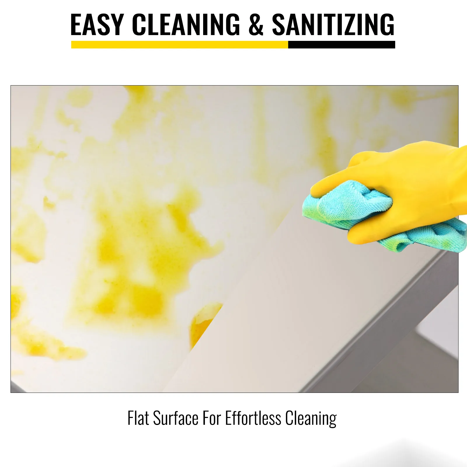 gloved hand cleaning flat surface with ease, emphasizing VEVOR double overshelf benefits.