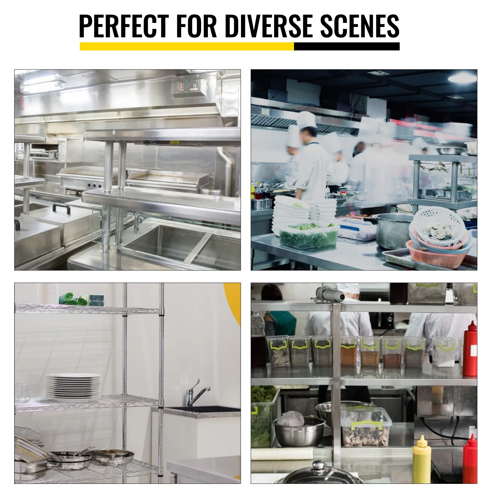commercial kitchen scenes featuring VEVOR double overshelf for diverse storage needs.