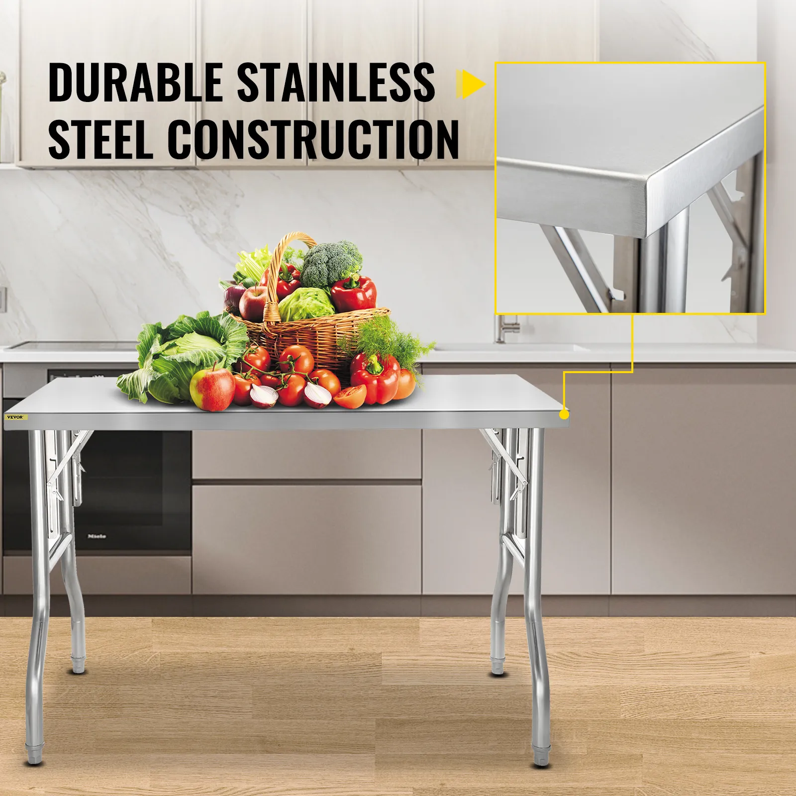 Mesa de preparación comercial plegable VEVOR con verduras y construcción duradera de acero inoxidable.