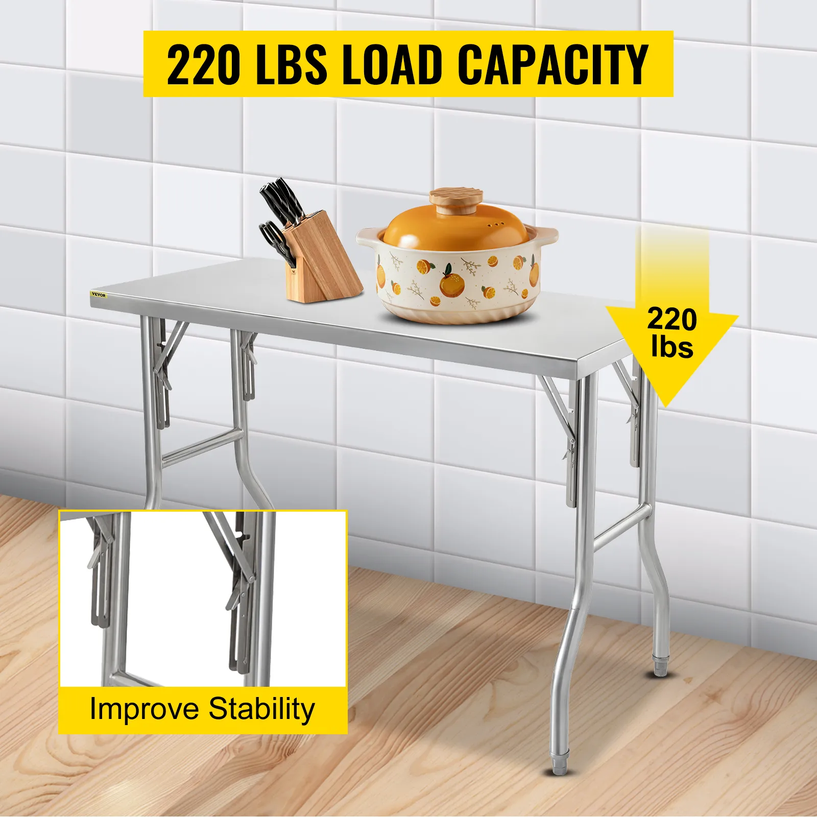Mesa de preparación comercial plegable VEVOR con capacidad de carga de 220 libras y características de estabilidad.