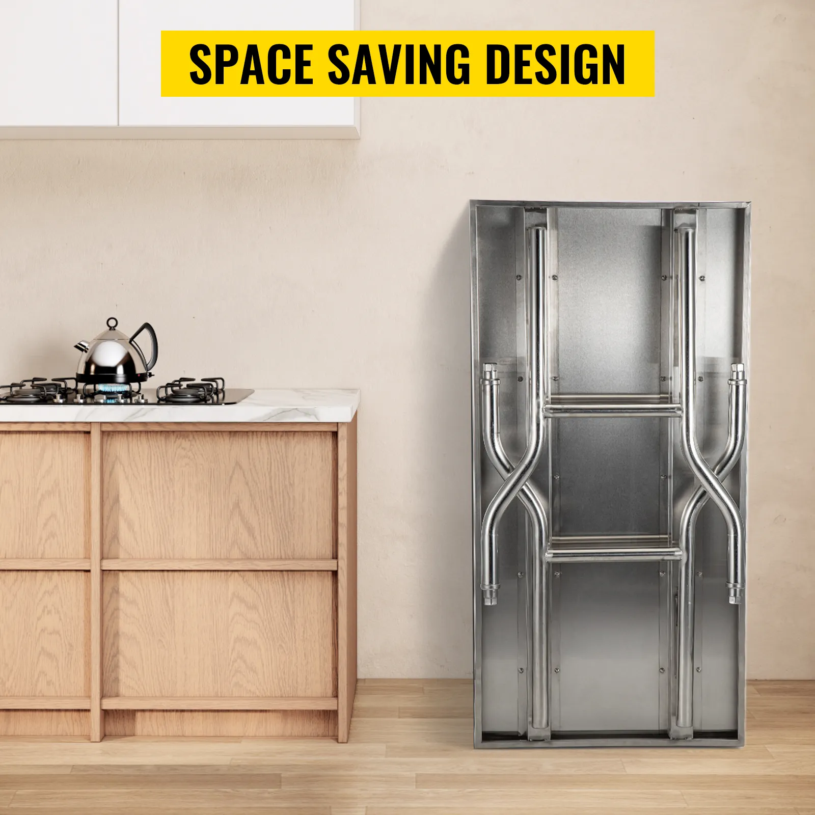 Mesa de preparación comercial plegable VEVOR, plegada junto al mostrador de la cocina, diseño que ahorra espacio.