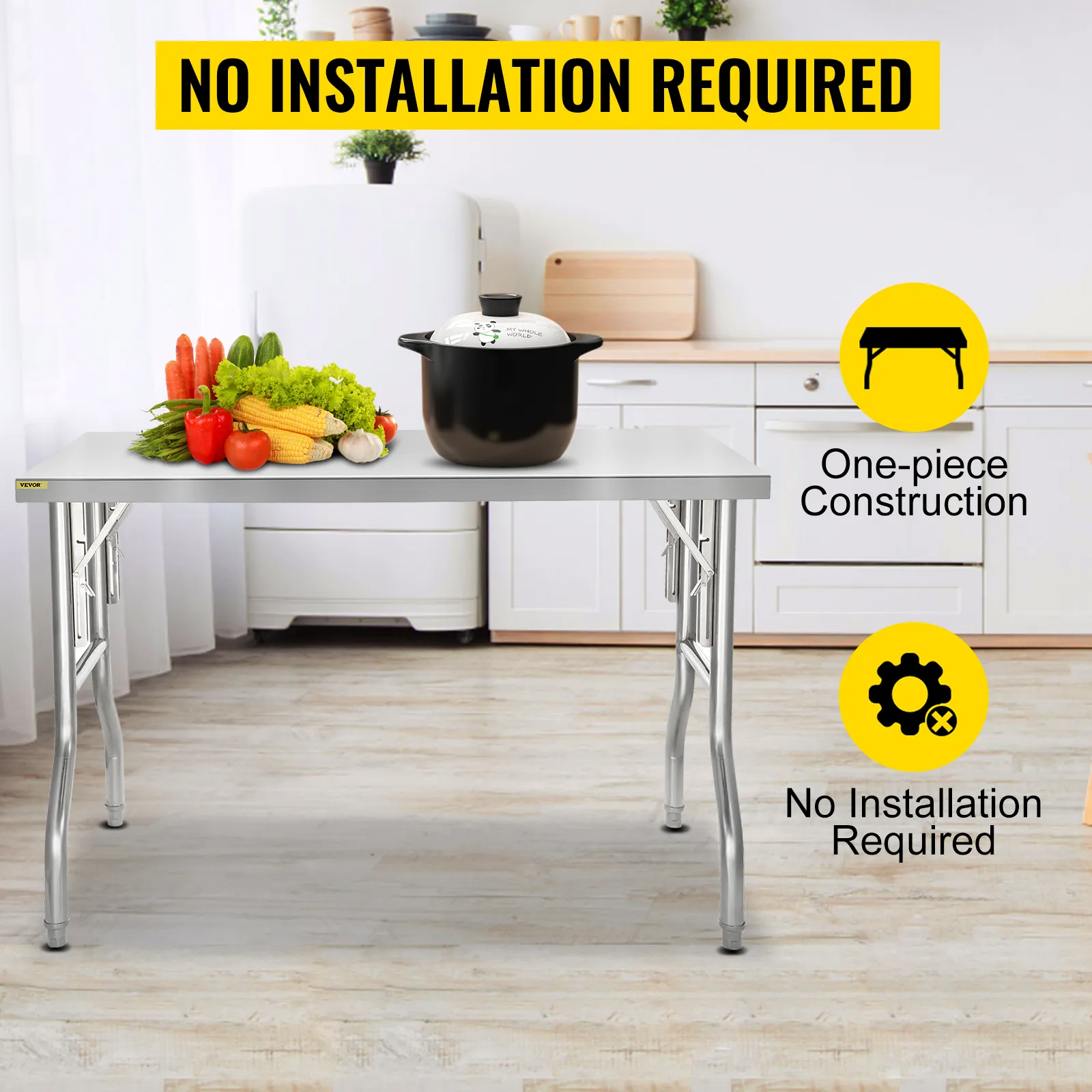 Mesa de preparación comercial plegable VEVOR en una cocina con verduras y una olla. No requiere instalación.