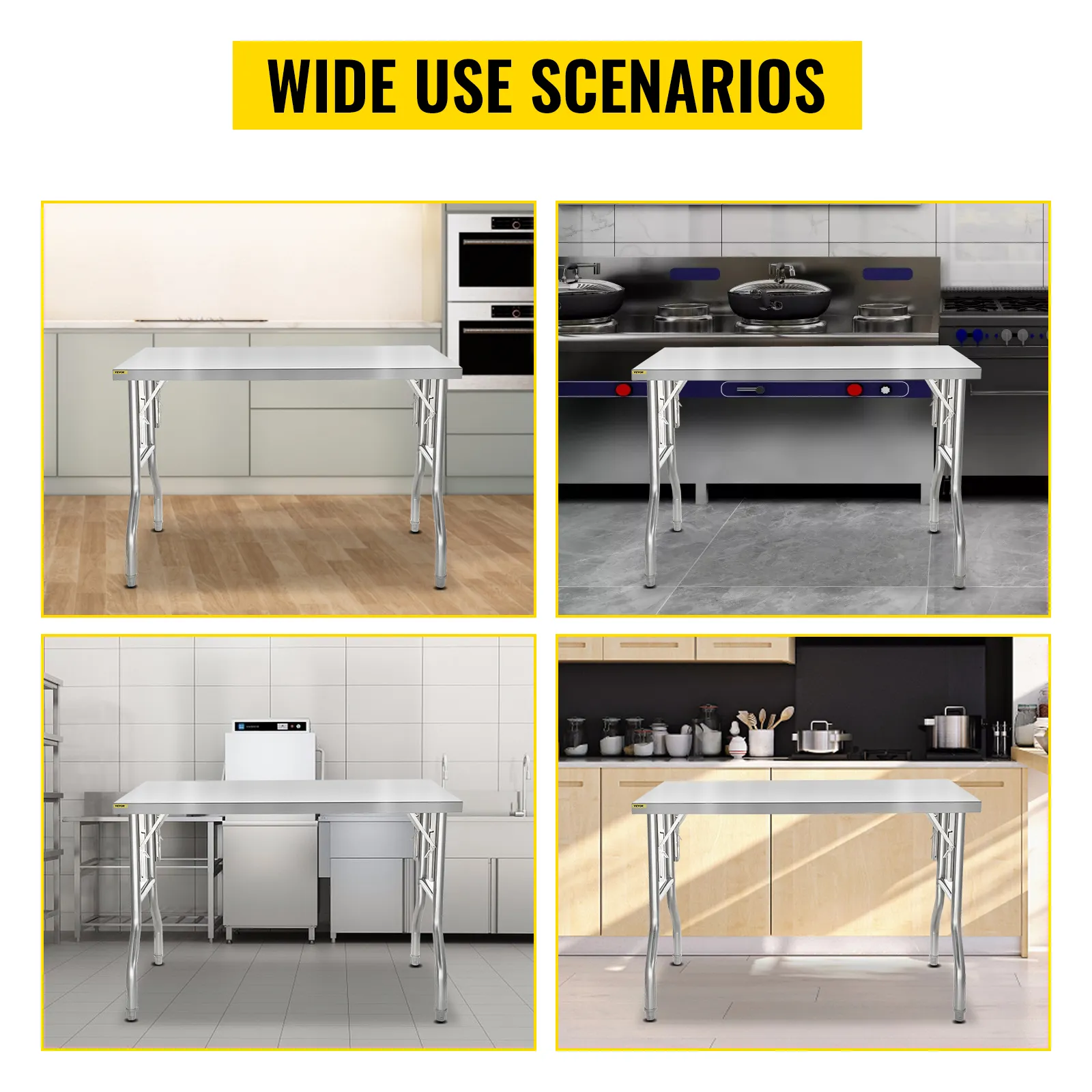 Mesa de preparación comercial plegable VEVOR en diversos entornos de cocina, mostrando versatilidad.
