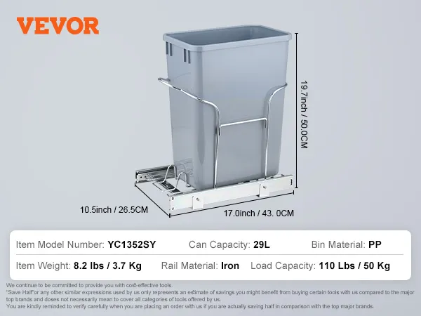 VEVOR pull-out trash can yc1301lf, 29l pp bin, iron rail, 110 lbs capacity, 17x10.5x19.7 inches.
